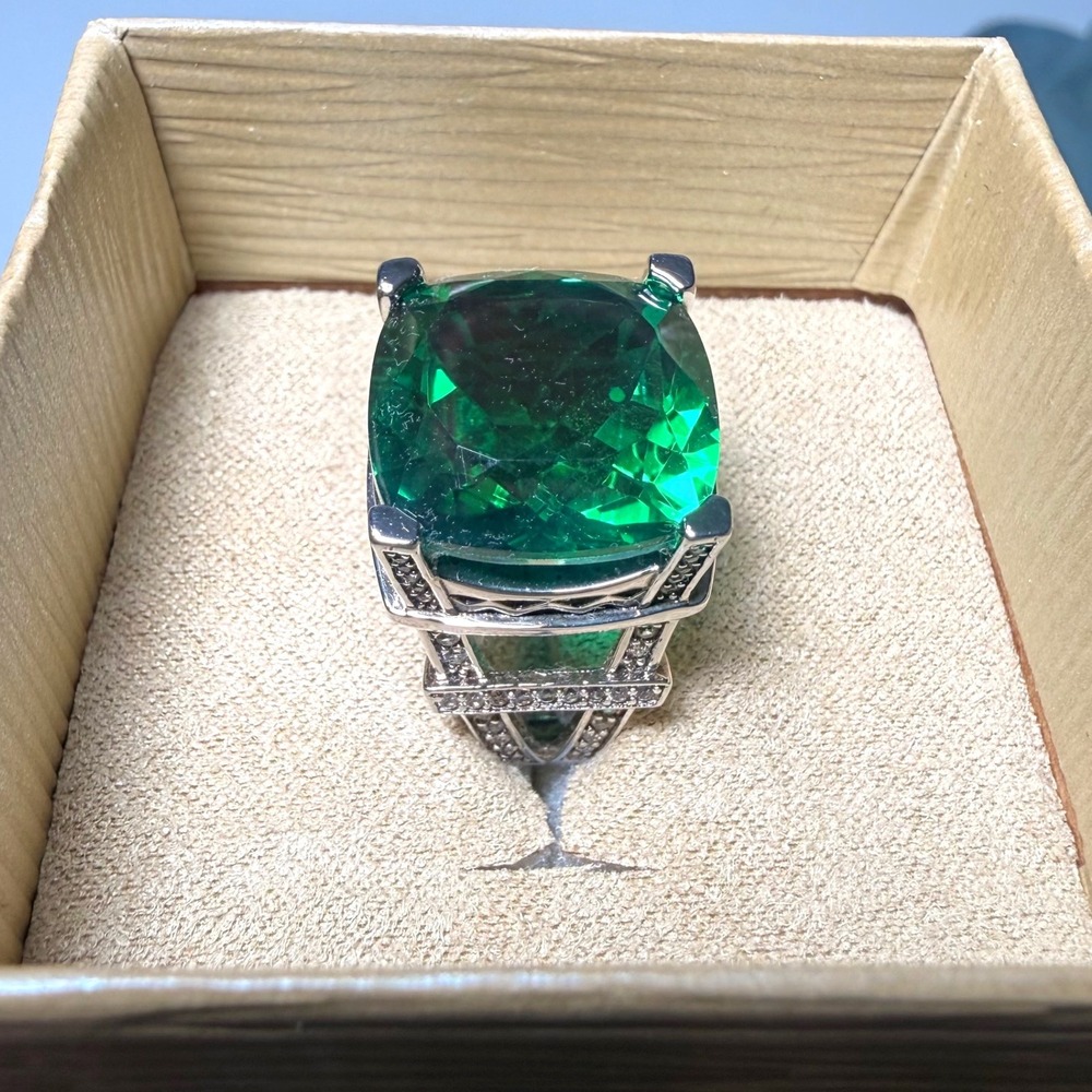 Natural Quartz Emerald Green 20CTW Sterling Silver Rhodium Plated Sz 7 Ring